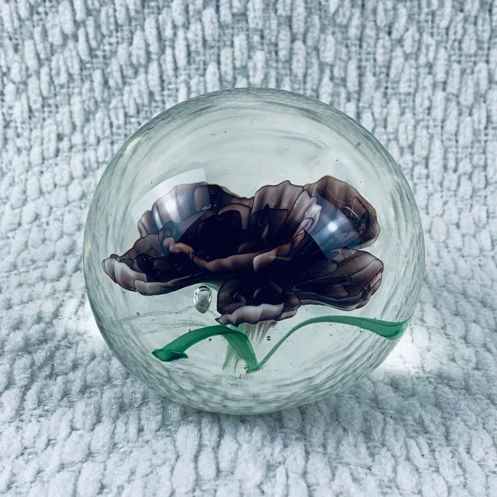 Vintage Glass Art Paperweight Encased Purple Iris Rose‎ Flower Floral Green Stem - Picture 3 of 8